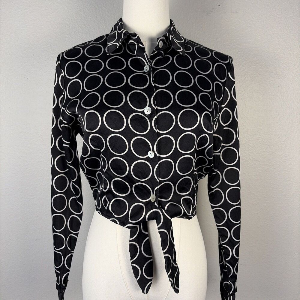 K.A.T.E. Vintage Y2K Cropped Silk Top Blouse Small Geometric Print Tie Front USA